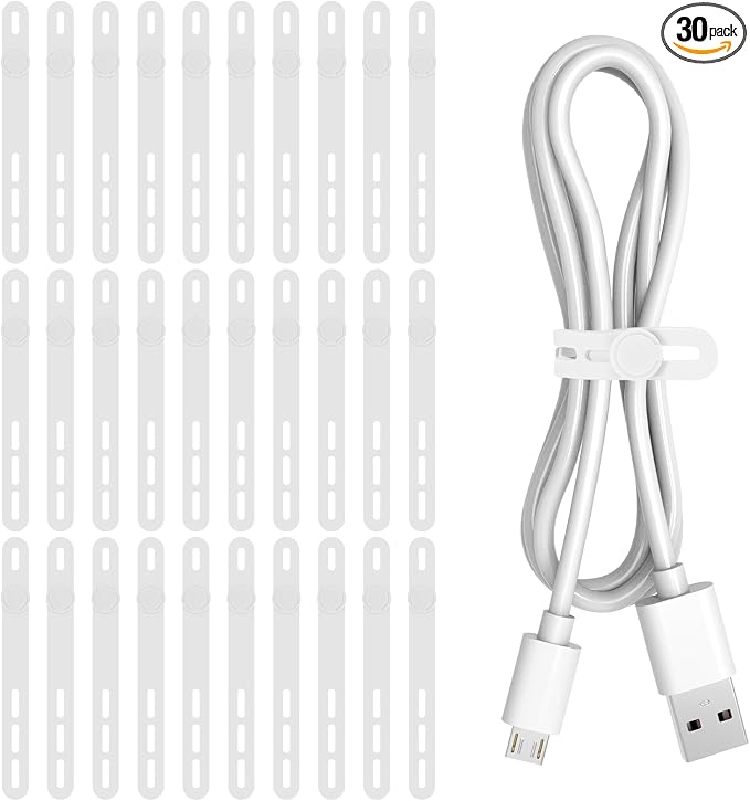 Donruby 30Pcs Silicone Cable Ties, Reusable Cord Organizer Straps, White | Adjustable, Multipurpose, 4.7" High-Elasticity Cord Wraps for Bundling Electronics, Home Office School Essentials by Donruby
