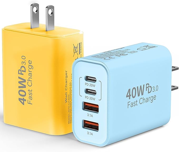 USB C Wall Fast Charger Block, 40W 4-Port Type C Chargers Fast Charging Blocks PD Power Charger Adapter+QC 3.0 USB Multiport Charger Brick for Phone 17/16/15/14/13/12 Pro Max, i-Pad, Galaxy S25-2Pack by Duloch