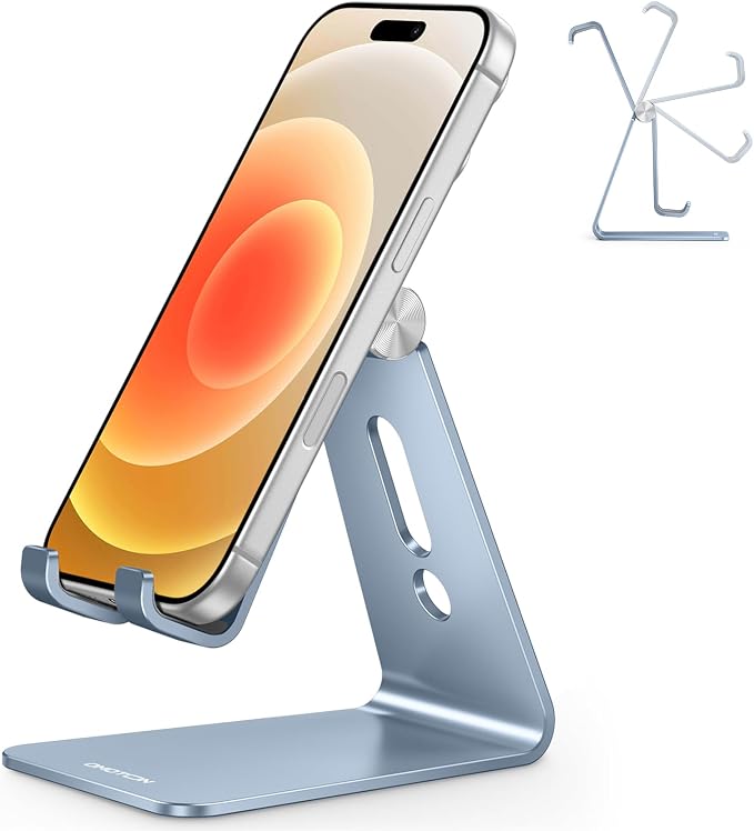 OMOTON Adjustable Cell Phone Stand, Aluminum Desktop Cellphone Stand with Anti-Slip Base and Convenient Charging Port, Fits All Smart Phones, Light Blue by OMOTON