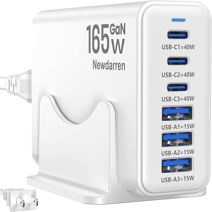 165W Charging Station, 6 Port Desktop Charger, 3 Ports 40W White | USB Charger Block, 3 x USB A 15W, 3 x USB C 40W, Compatible with iPhone, Galaxy, MacBook, iPad, Home Office, Travel and More by Newdarren