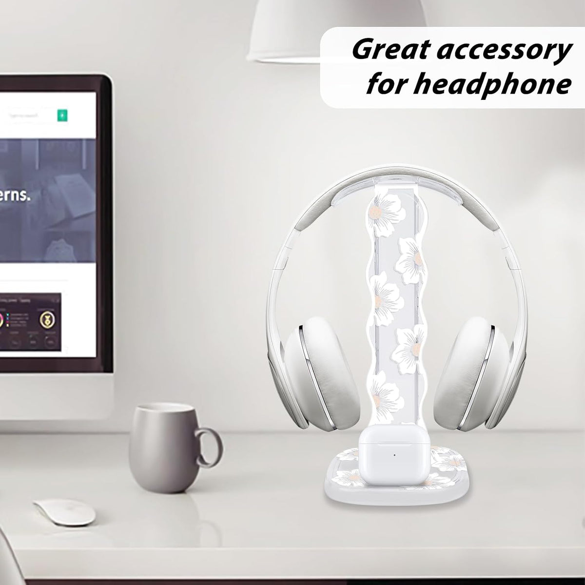 CamyCosy Headphone Stand Gaming Headset Holder for Desk,Unique White Camellia Pattern Clear Earphone Stand Cellphone Stand Desk Accessories for All Headphones Size - Image 5