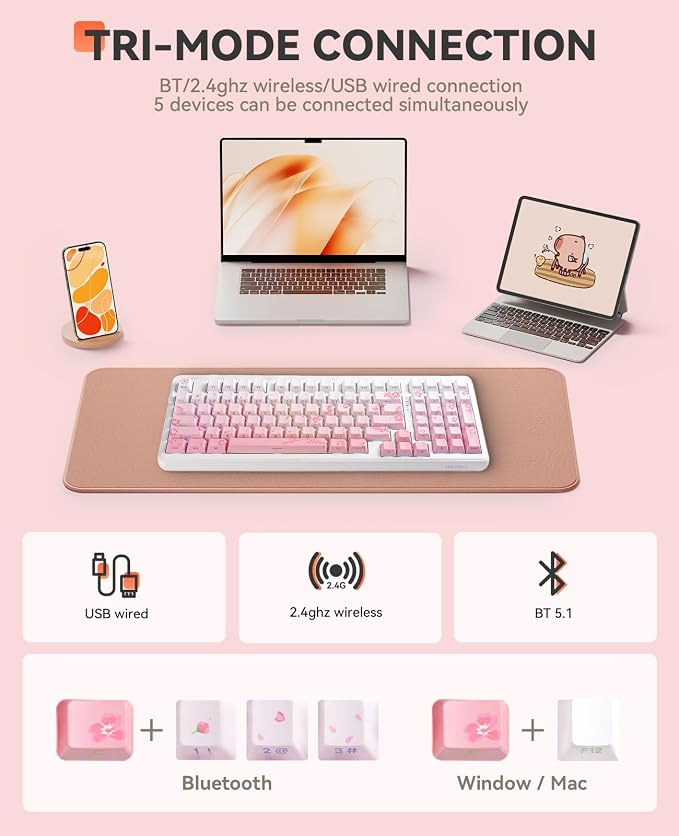 DAREU EK98pro Sakura Pink Wireless Mechanical Keyboard,Tri-Mode BT/2.4GHz/USB-C Creamy Gaming Keyboard with Number Pad,Gasket Structure,Hot Swappable Custom,RGB Backlit for Win/Mac - Image 3