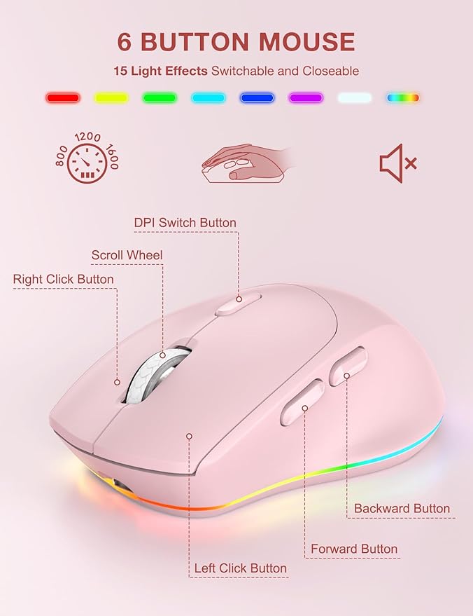 Wireless Keyboard and Mouse Combo, 9 Backlit Effects, RGB, 2.4GHz | Ergonomic Wrist Rest, Phone Holder, Rechargeable, Full Size, KM22 MAX Silent Set for Computer, Laptop, Mac, Windows (Pink) - Image 5