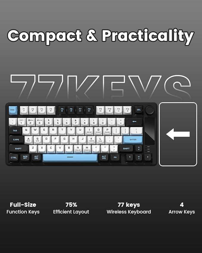 DK75 75% Wireless Gaming Keyboard, RGB Backlit Creamy Keyboard with Media Knob, OLED Screen, Tri-Mode 2.4GHz/USB-C/BT5.0, Anti-Ghosting No-Conflict Silent Membrane Keyboard for MAC Windows - Image 7