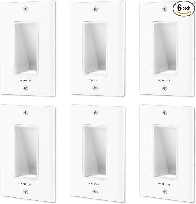 Recessed Cable Wall Plate for Behind Wall Cable Management - White Wall Plate Cable Pass Through with Low Voltage Mounting Bracket to Hide TV Cords for Wall Mount TV, Bottom Opening, 6 pack by BASEPORT