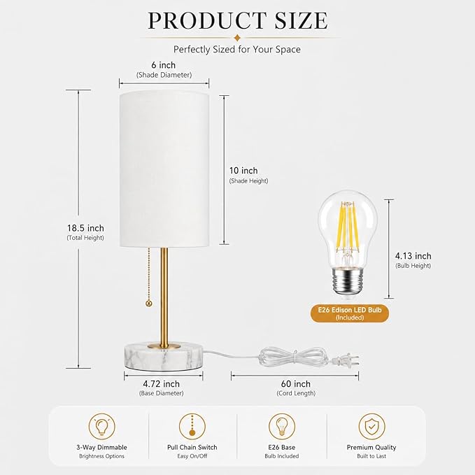 JUNNAI Table Lamps Set of 2, Gold Bedside Lamps, 3 Way Dimmable Nightstand Lamps with Marble Base & Linen Shade &Pull Chain,18.5 Inches Tall Skinny Desk Lamps for Bedroom Living Room(Bulbs Included) - Image 3