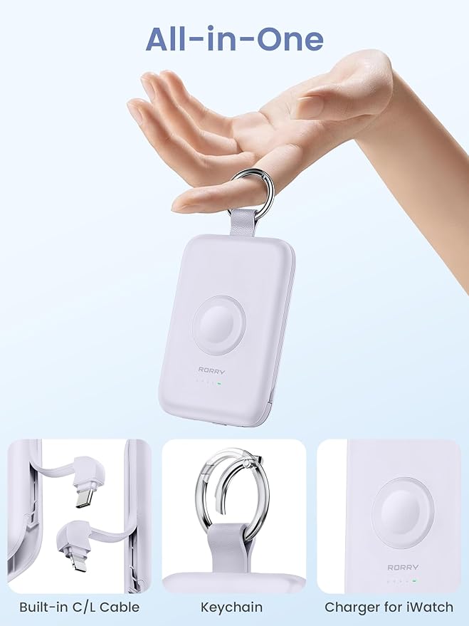 RORRY CharmGo Portable Charger, 10000mAh 20W Fast Charging Power Bank | Built-in Cables, Travel Keychain Battery Pack Essentions for Apple Watch 1~11 Series/Ultra/SE & iPhone Air/17/16/15/14/13/12 - Image 4