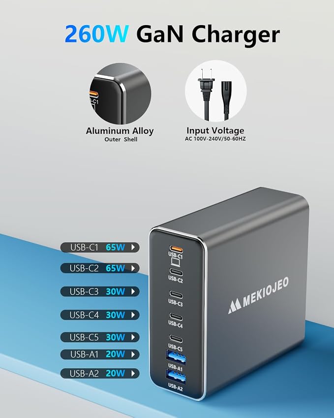 MEKIOJEO Aluminum Alloy 260W USB C Charger GaN Fast USB C Charging Station | 7 Ports 65W Laptop Charger for MacBook Pro/Air/iPad Pro/iPhone - Image 3
