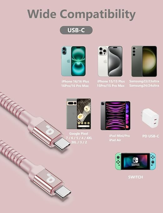 USBC to USBC Cable Fast Charging 66W, 2Pack 3FT USB C Cable, iPhone USB C | Charger Cable Short USB Type C to C Cord Nylon Braided for iPhone 17/16/15/Pro Max/Plus/Samsung Galaxy S23/LG and More-Pink - Image 8