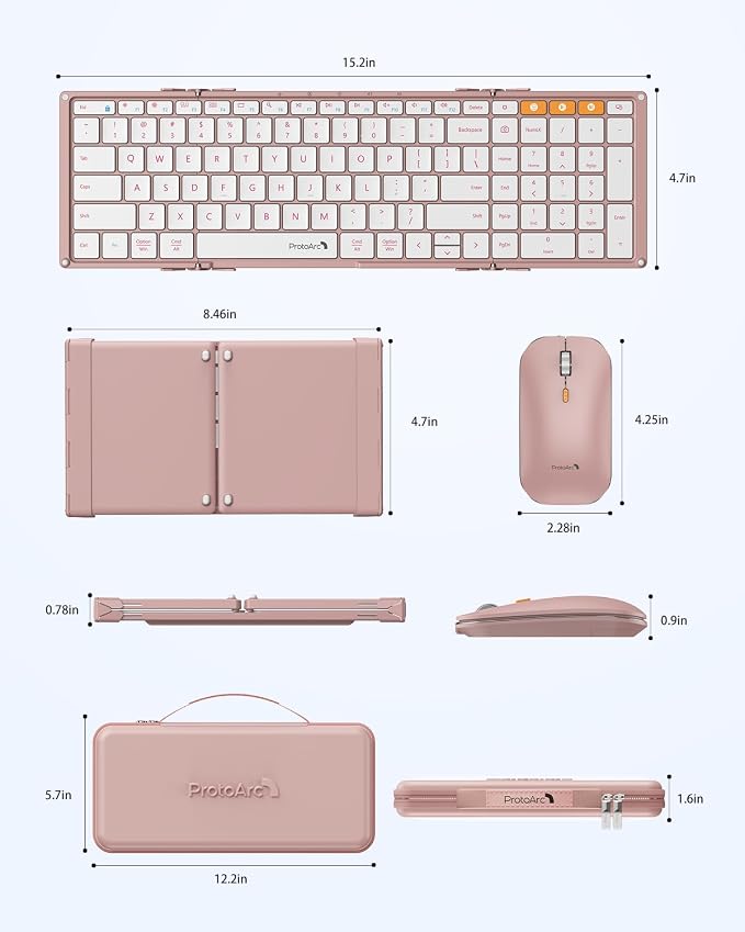 ProtoArc XKM01 Full-Size Foldable Keyboard Mouse Combo for Travel - Pink | 105-key keyboard, slim mouse, hard case and phone stand; 3-device Bluetooth & 2.4G switching, for travel office use - Image 8