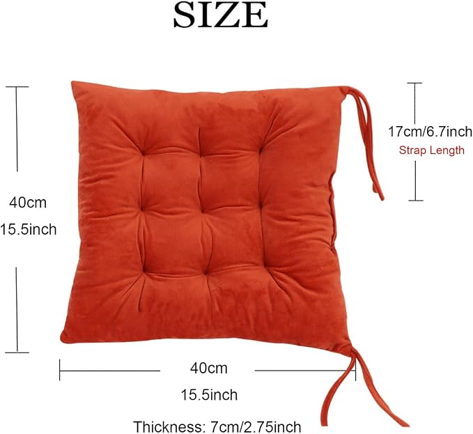 6 Pack Square Seat Cushion Chair Pads for Kitchen Dining Chairs, Soft Comfort Velvet Chair Mat Pillow Cushions with Ties for Office Desk Living Room Tatami 15.5", Orange - Image 2
