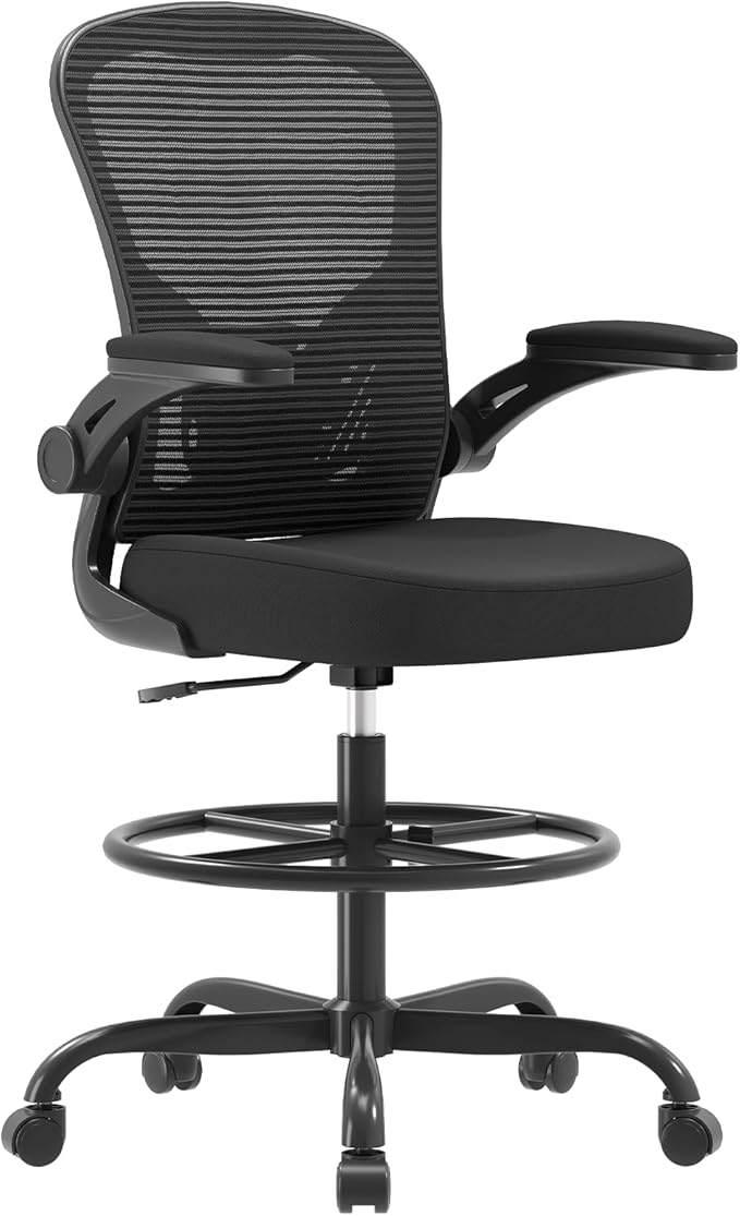 Ergonomic Tall Drafting Chair-Mesh Desk Chair with Flip-Up Arms | Adjustable Height,Lumbar Support,Adjustable Footrest Ring,Standing Desk,Breathable Backrest by Synorla