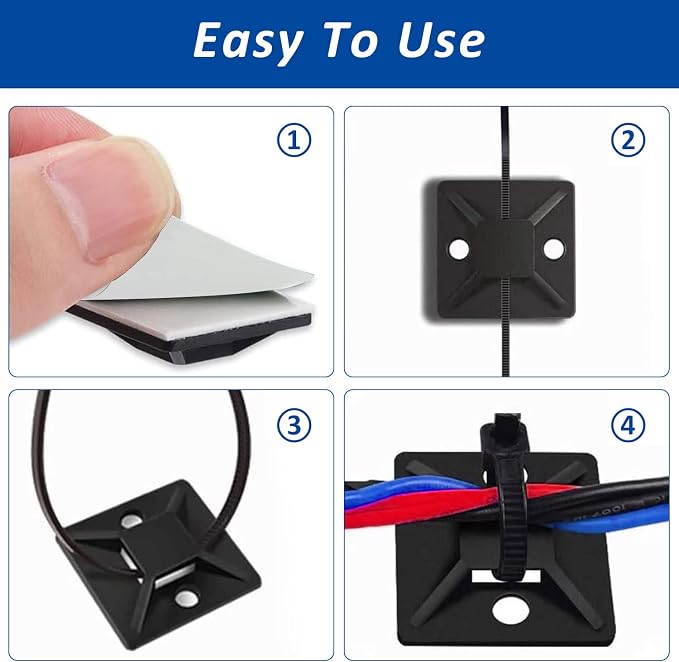 Strong Back-Glue Self Adhesive Cable Zip Tie Mounts Kit - 50 Set Cable Management Clips with 6" Zip Ties, Wire Holders - Outdoor Sticky Wire Organizer Clips-Black (50 Set, Black) - Image 5
