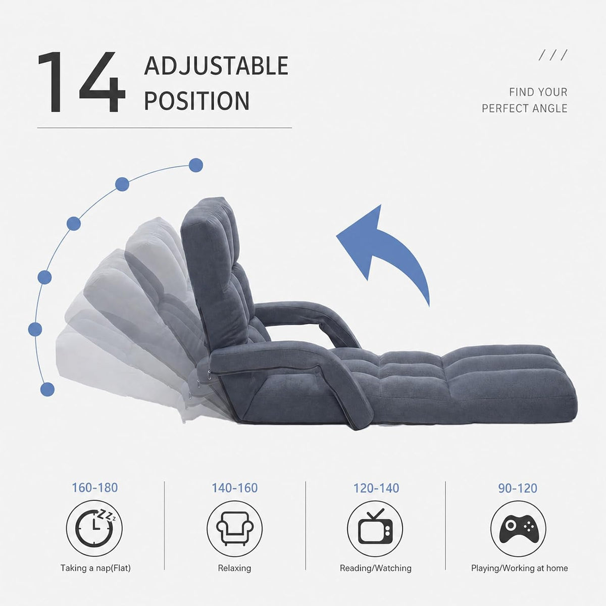 Adjustable Floor Chair with Adjustable Footrest, Folding Lazy Meditation Prayer Chair, Multi-Position Reclining Floor Gaming Chair for Reading, Watching TV, Relax(Grey) - Image 4