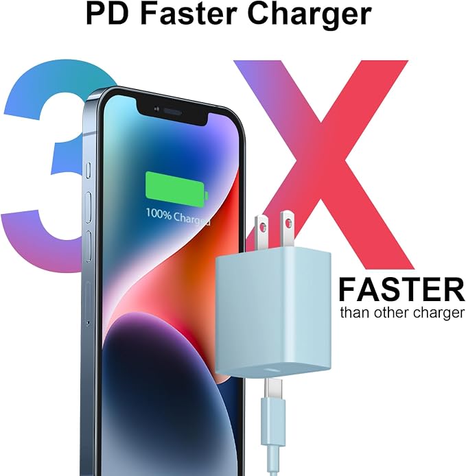 iPhone 17 16 15 Charger Fast Charging 2+2Pack 20W USB C Wall Charger with Extra Long 10FT Fast Charging Cable Compatible with iPhone 17/17 Air/17 Pro/17 Pro Max/iPhone 16/15 Series, iPad Pro -Blue - Image 2