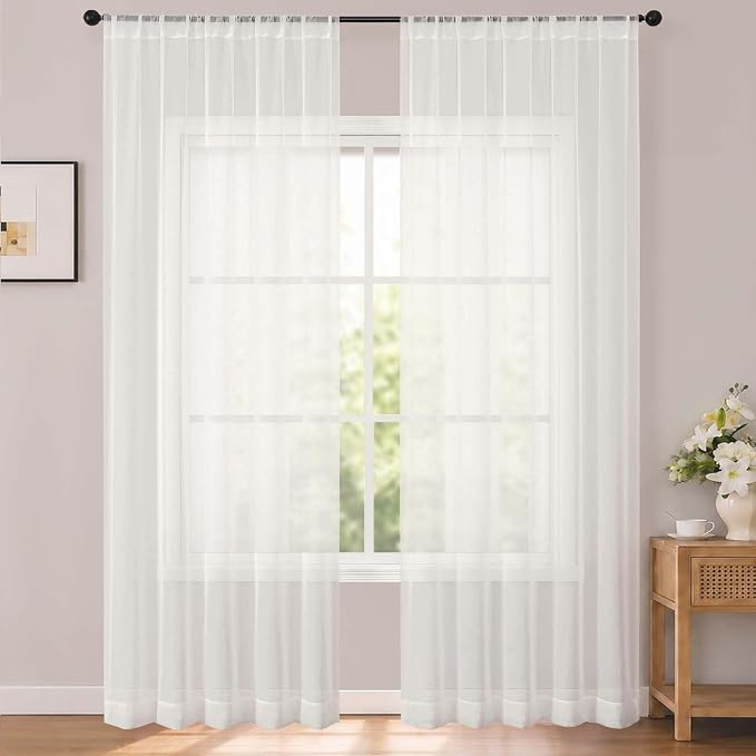 Ivory Sheer Curtains 96 Inches Long 2 Panels for Living Room 52" W | Elegant Airy Sheer Curtain for Bedroom, Light Filtering Window Treatments, Rod Pocket, 2pcs Each 52" Width x 96" Long by OWENIE