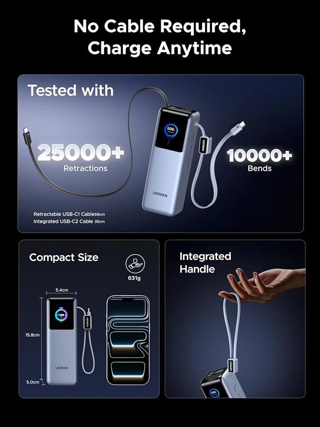 UGREEN Nexode Pro 25000mAh 200W Retractable Cables Power Bank for iPhone | Built-in retractable cables, TFT display, PD 3.1. 90Wh. Fast charges MacBook, Dell, HP, Samsung S26, iPhone 17/16. - Image 9