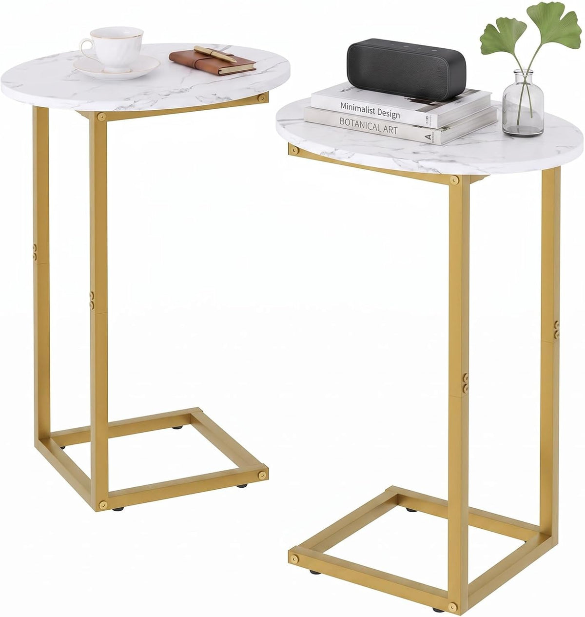 C Shaped End Table, Oval Couch Side Tables for Living Room, Sofa End Table with Metal Frame, Small Wooden Snack Table for Bedroom, Small Spaces, Easy Assembly 2Pcs(Whlite+Gold) by Katrawu