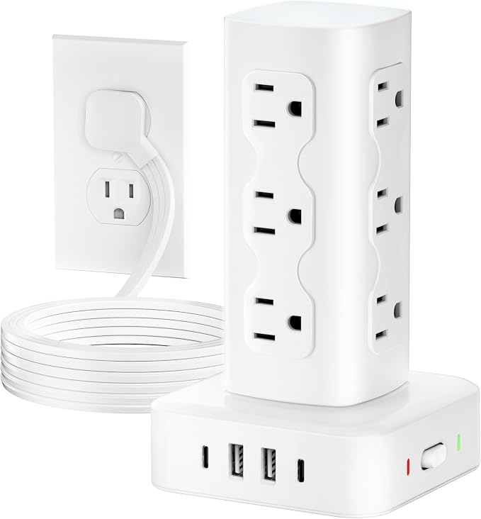 Power Strip Tower Surge Protector(2000J), Flat Plug Charging Station Tower with 12 AC Outlets & 4 USB Ports(2 USB C), 6FT Extension Cord for Home Office Dorm, White by olcorife