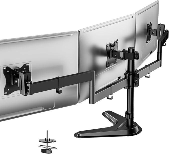 Triple Monitor Stand fits 3 Screens up to 27 Inches, Freestanding | Cable Management, Heavy Duty, Fully Adjustable, Weighted Base, 22 lbs Capacity per Arm, Black by PUTILSENMOUNT