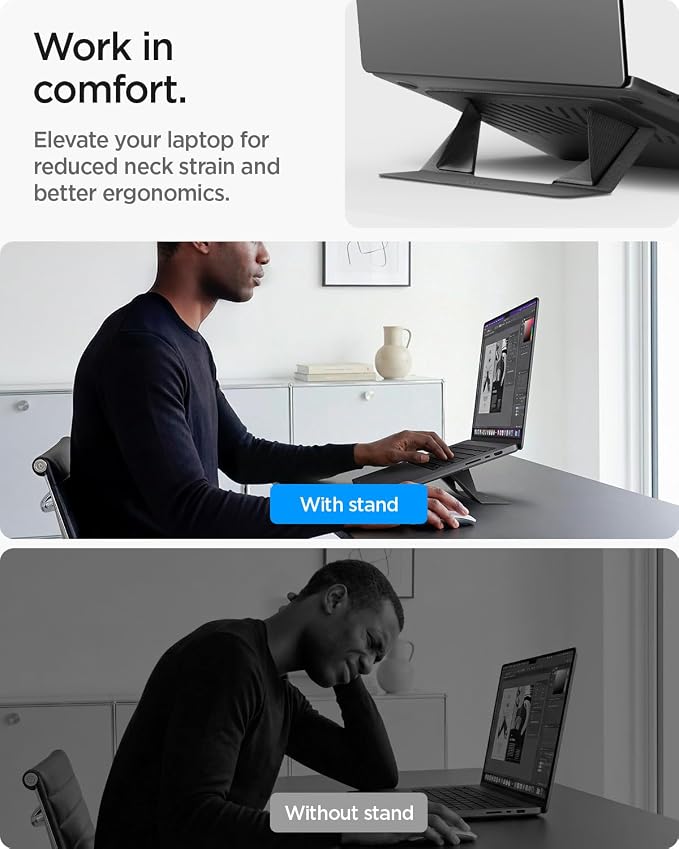 Spigen Slim Fold Portable Laptop Stand Foldable | Ergonomic Angle Lift Anti-Slip for MacBook Neo, MacBook Air, MacBook Pro 11"-14" and More - Black - Image 4