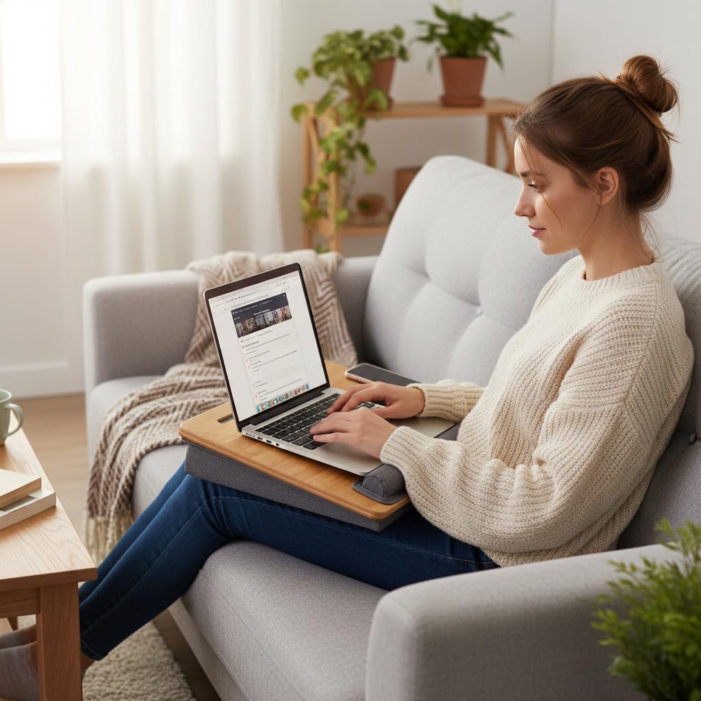 Bamboo Lap Desk for Laptop with Cushion Tablet Phone Holder Handle - Image 9