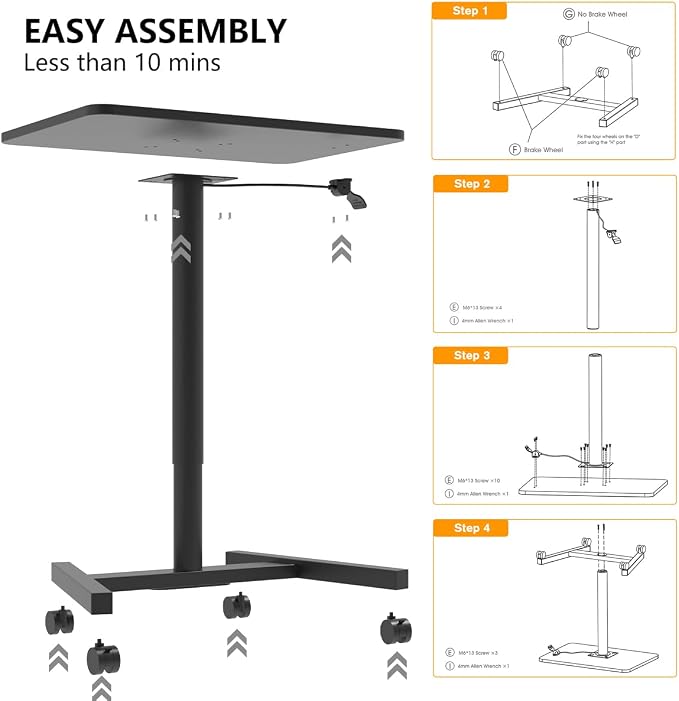 28-Inch Mobile Standing Desk, Adjustable Computer Desk, Portable Standing Desk with Lockable Wheels, Rolling Table for Home Office Classroom Hospital (Jet - Black) - Image 7