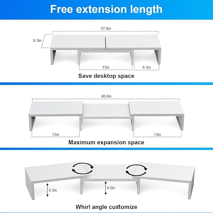 Dual Monitor Stand Riser | Monitor Stand for Desk, Metal Computer Stand, Desk Shelf Riser,Desktop Organizer for Home and Office Use (White) - Image 4