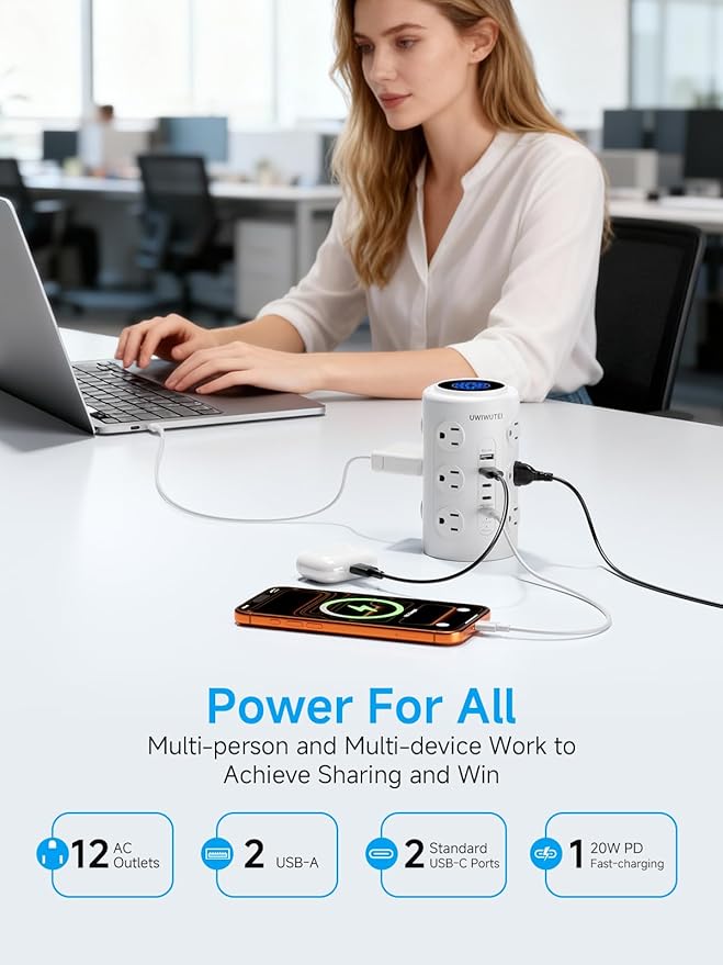 Tower Power Strip with 1 Dedicated PD 20W Fast-Charging Port, 12 Outlets, 5 USB Ports (3 USB-C), Desk Charging Station for Multiple Devices,10FT Extension Cord, Home Office Essentials - Image 3