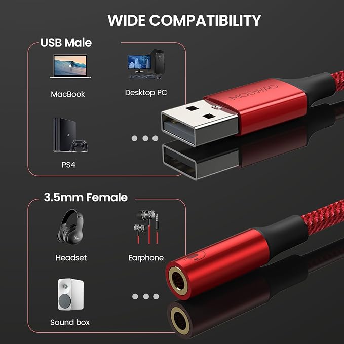 MOSWAG USB to 3.5mm Jack Audio Adapter, USB to Aux Cable with TRRS 4-Pole Mic-Supported PC Headphone AUX Adapter External Sound Card for PC PS4 PS5 and More (0.65Ft/20cm(2pack), Red) - Image 2