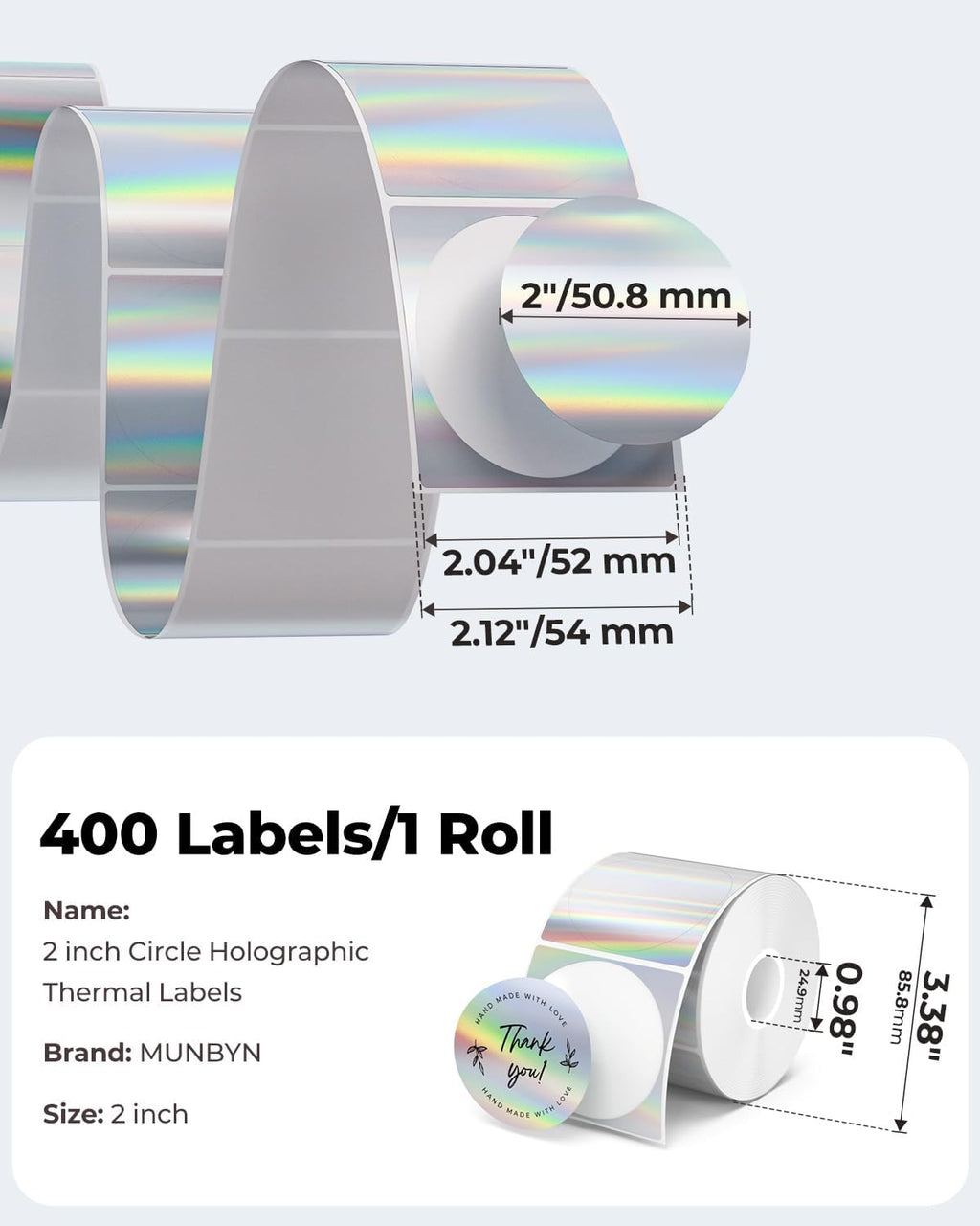 MUNBYN 2" Round Holographic Thermal Labels, 400 Sheets/1 Roll - Image 2