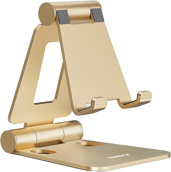 Nulaxy Full Aluminum Dual Folding Cell Phone Stand for Desk, Gold | Height Angle Adjustable, Portable, Anti-Slip Base, Fits 18mm Thick Case Smartphone, Nintendo Switch Desk Essential Accessory by Nulaxy