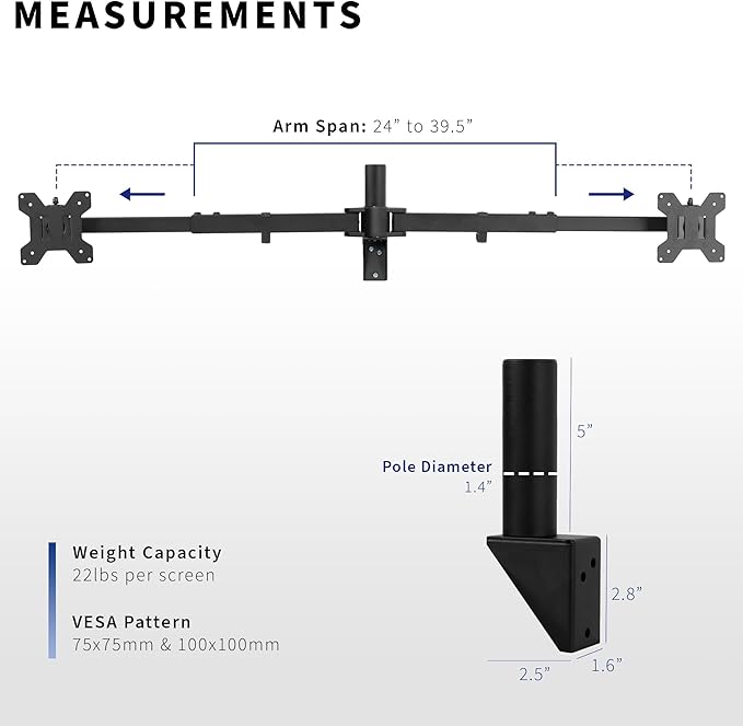 VIVO Premium Dual Ultra Wide LCD LED 27 to 38 inch Monitor Wall Mount, Heavy Duty, Telescoping Arms, Flush Wall Setup, Fits 2 Screens, Black, MOUNT-TS38B - Image 3