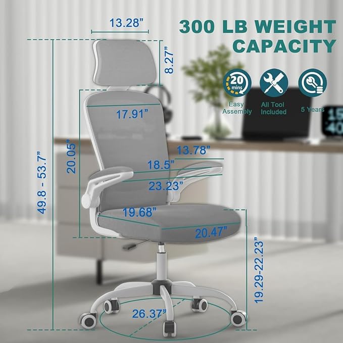 Mimoglad Office Chair, High Back Ergonomic Desk Chair with Adjustable Lumbar Support and Headrest, with flip-up Armrests for Guitar Playing, 5 Years Warranty (Moon Grey) - Image 2
