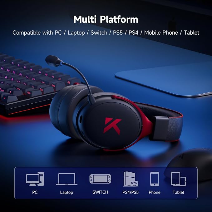MCHOSE V9 PRO Wireless Gaming Headset 7.1 Surround Sound for PS5 PS4 PC SWITCH TOPSPEED Gaming Headphones, Noise Canceling Mic, 250Hr Battery, Low 15ms Latency, Lightweight, BT 5.3 FPS Games Black&Red - Image 7