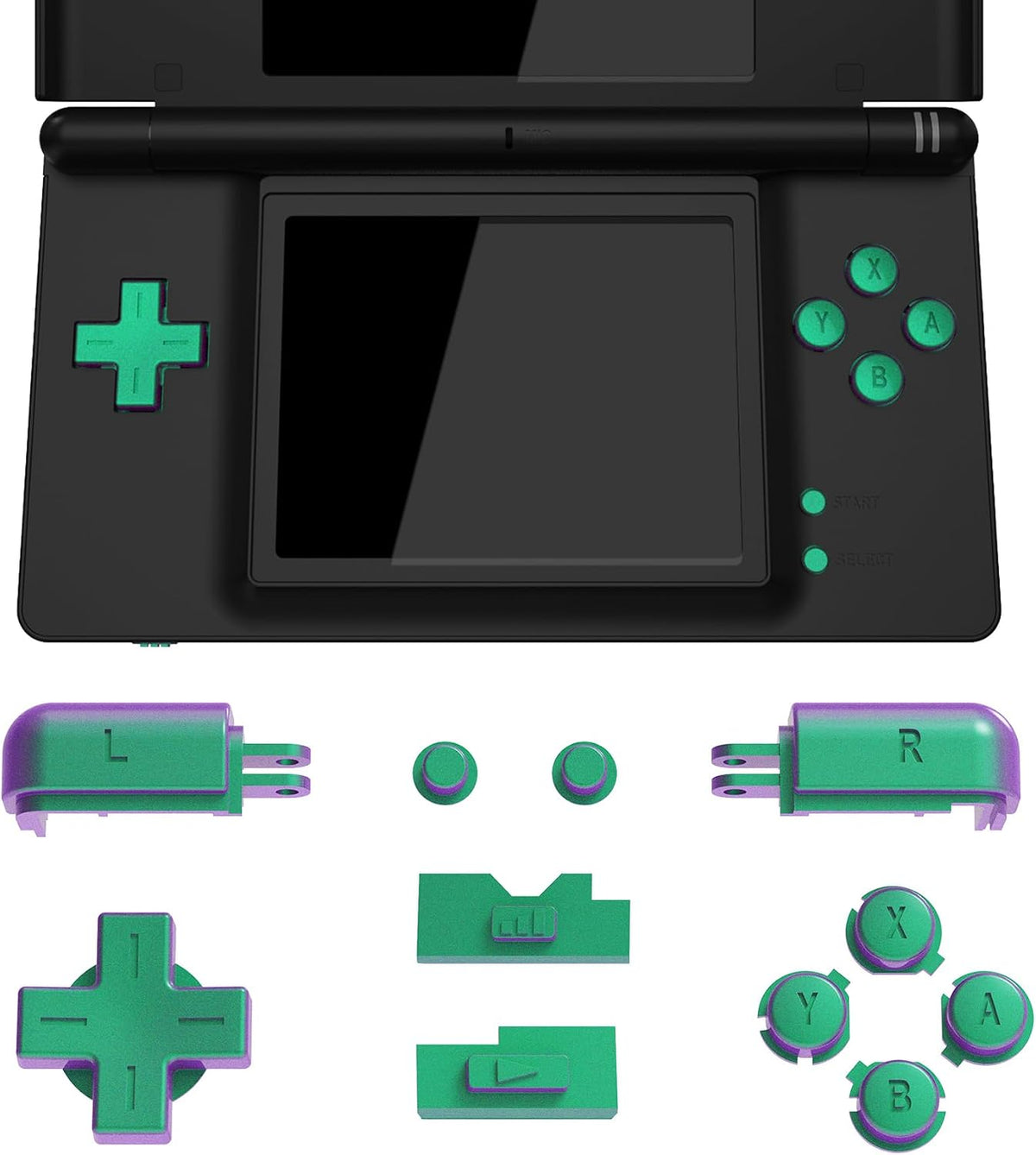 eXtremeRate Chameleon Green Purple Replacement Full Set Buttons for Nintendo DS Lite Handheld Console, Custom D-pad A B X Y Start Select R L Power Volume Keys for Nintendo DS Lite NDSL - No Console - Image 5