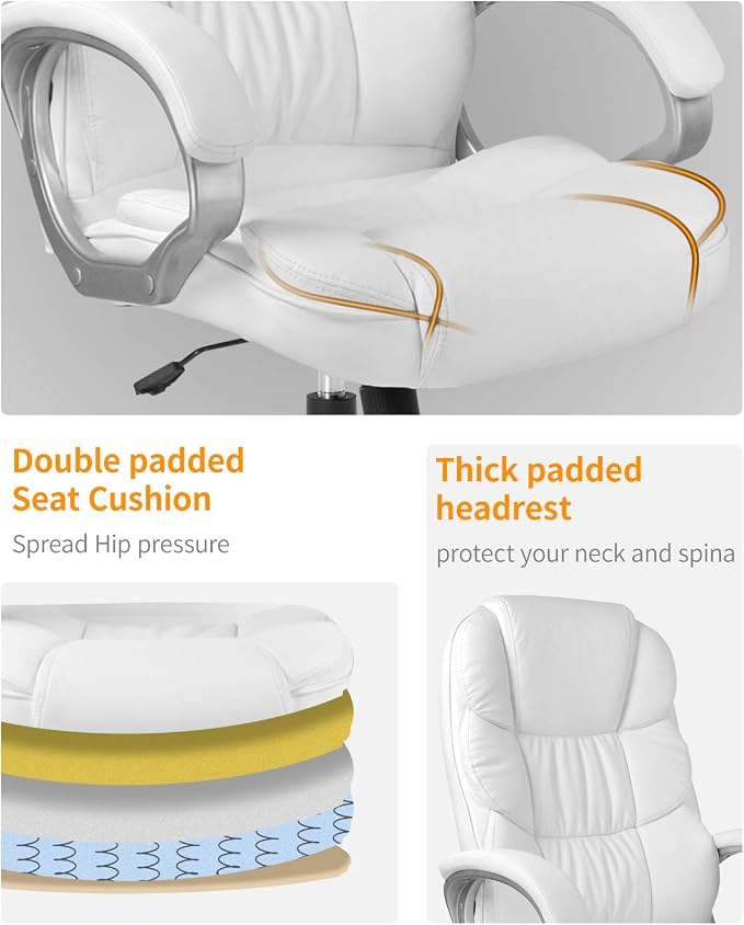 Office Chair Computer High Back Adjustable Ergonomic Desk Chair Executive PU Leather Swivel Task Chair with Armrests Lumbar Support (White) - Image 4