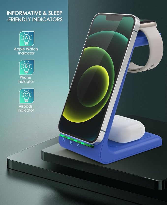 3 in 1 Wireless Charging Station, 2026 Upgraded Fast Desk Charger Station for iPhone 17 16 15 14 13 12 Pro Max Plus, Charger Stand for Apple Watch 10 9 8 7 6 5 4 3 2 SE, Airpods 4 3 2 Pro(Blue) - Image 4