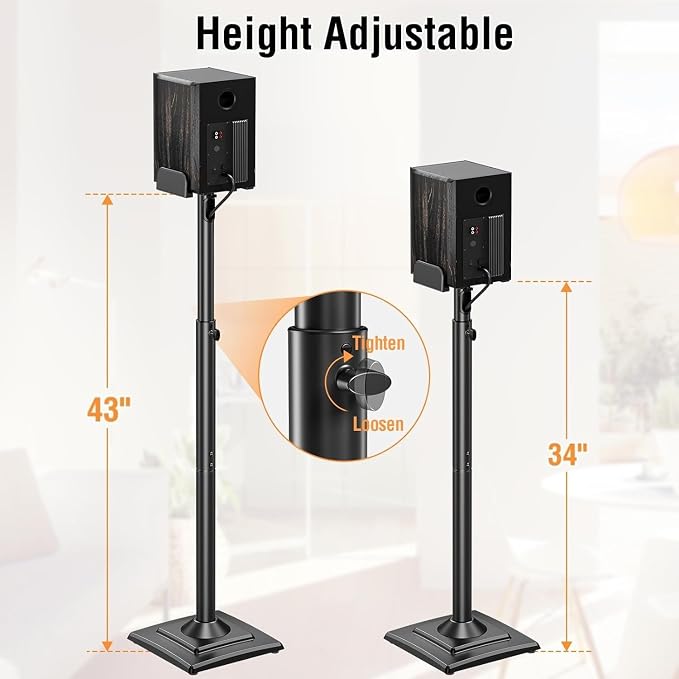 Speaker Stands Pair, 34"-43.3" Height Adjustable, Max 11 lbs, Cable Conceal | Speaker Stand for Surround Sound, Sturdy Spring-Loaded Floor Standing for Satellite Rear Bookshelf Speaker - Image 4