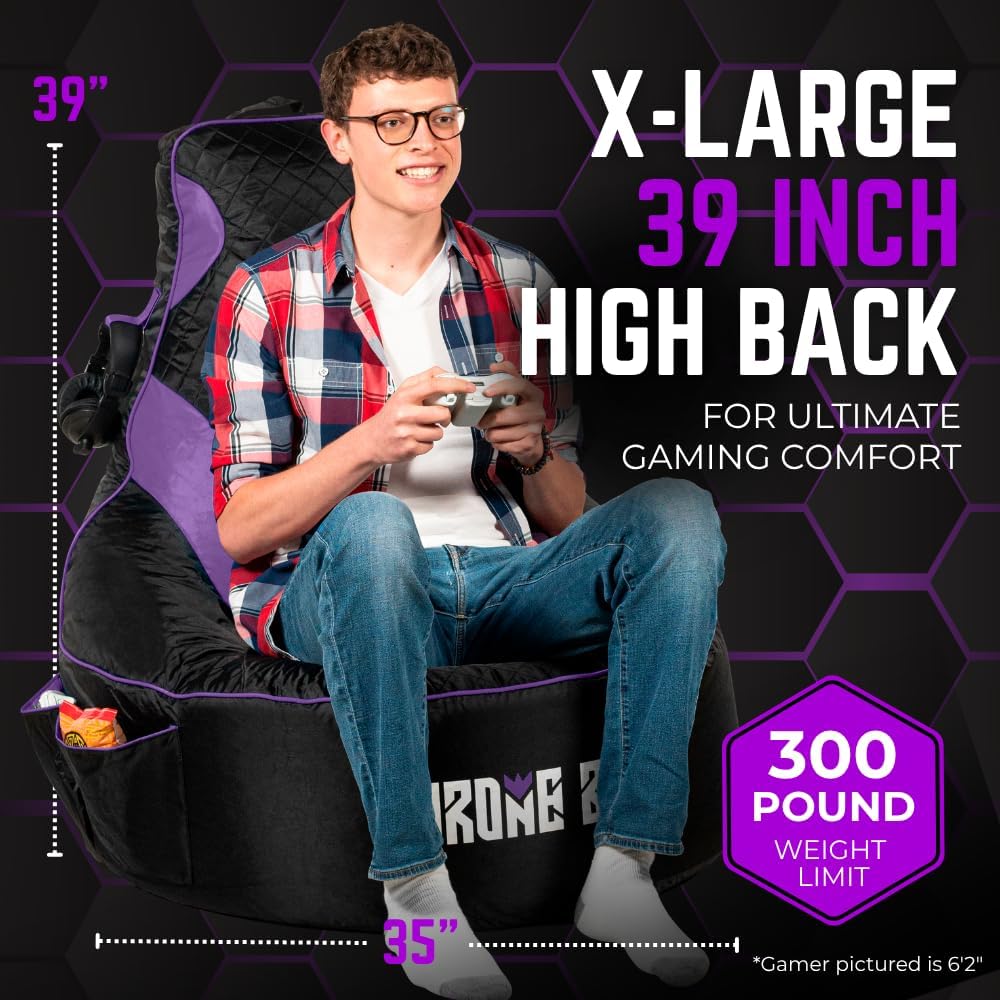 Gaming Bean Bag Chair Cover for Adults, High Back, Large Pockets, Purple - Image 3