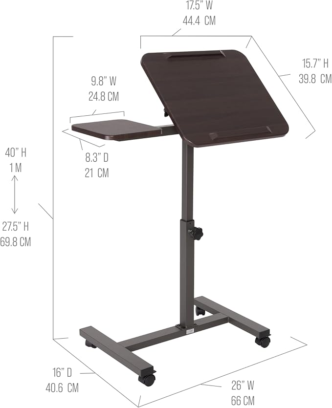 Seville Classics Airlift Height Adjustable Mobile Rolling Laptop Cart Computer Workstation Desk, Table for Home, Office, Classroom, Hospital, w/Wheels, Walnut, Tilt w/Side Table (28") (NEW Model) - Image 9