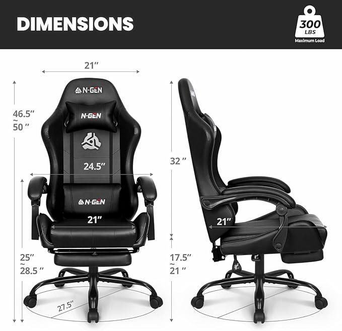 N-GEN GAMING Gaming Chair with Footrest, Lumbar, High-Back, Carbon Black | Reclining Backrest, Linkage Armrests, Durable PU Leather, Adjustable Comfort for Extended Computer, Desk, or Home Office Use - Image 3