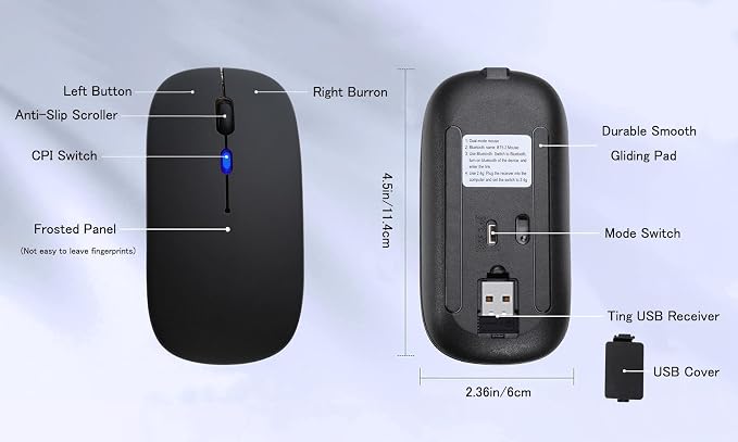 AIKOKOK Wireless Bluetooth Mouse, Rechargeable Dual Mode Mouse, Black | BT 5.2 & 2.4G USB Receiver, 3 Adjustable DPI,LED Lights,Slim,Silent,Portable Computer Mouse for Laptop,PC,MacBook,iPad,Tablet - Image 7