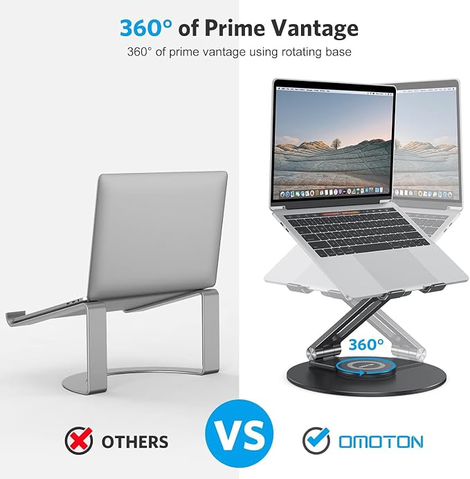 OMOTON Adjustable Laptop Stand for Desk 360° Rotating Base up to 17" Black | Ergonomic Laptop Rise for Collaborative Work, Foldable Dual Shaft for Easy Storage, Fits for MacBook/Dell/HP - Image 3