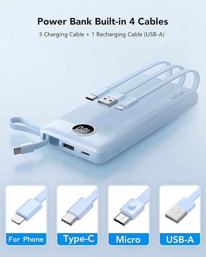 VRURC Portable Charger Power Bank, Built-in 4 Cables & 2 Ports 10000mAh | LED Display Slim Battery Pack,Compact Travel Essential Portable Phone Charger 5 Output for Multi Devices,Student/Teens(1Pack) - Image 2