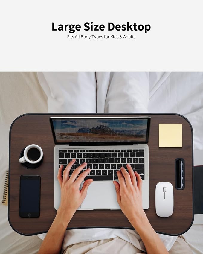 Foldable Lap Desk, Laptop Bed Desk, Portable Lap Table, Laptop Bed Table with Cup Holder & Tablet Slot & Lifting Handle for Working Writing Drawing & Eating - Walnut Brown - Image 3