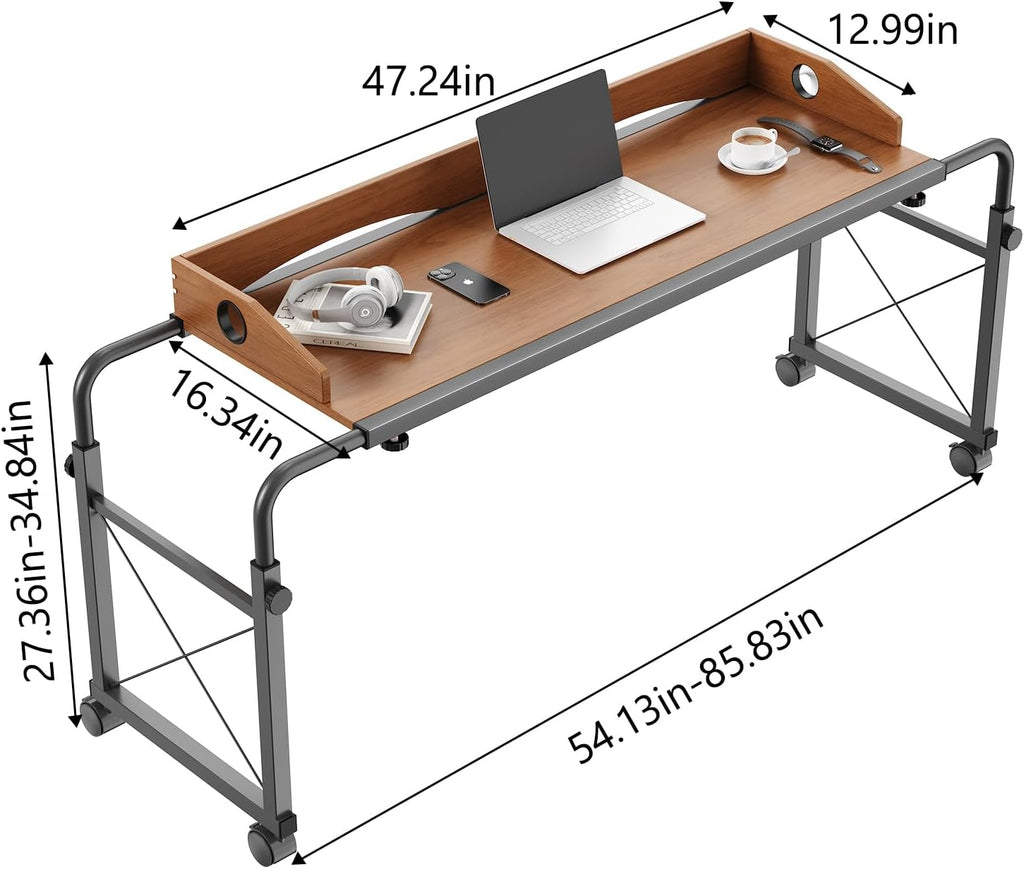 Overbed Table with Wheels, Adjustable Queen & King Bed Desk, Oaken - Image 2