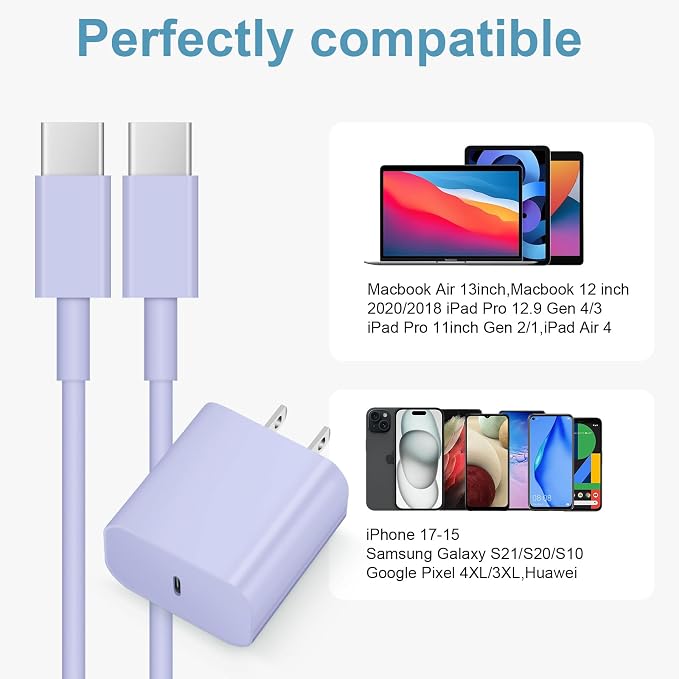 iPhone 17 16 15 Charger Fast Charging 3 Pack USB C Charger Block | Type C Chargers 6FT Cord Wall Chargers for iPhone Air/17/17 Plus/17 Pro/17 Pro Max/16/16 Plus/16 Pro/16 Pro (Purple) - Image 6