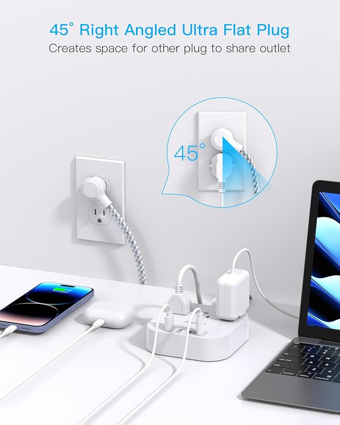 One Beat Power Strip with USB C, 3 Outlets 4 USB Ports (22.5W/4.5A), 6ft | Desktop Charging Station, Flat Plug, Braided Extension Cord, Non Surge Protector for Travel, Cruise Ship, ETL Listed - Image 6