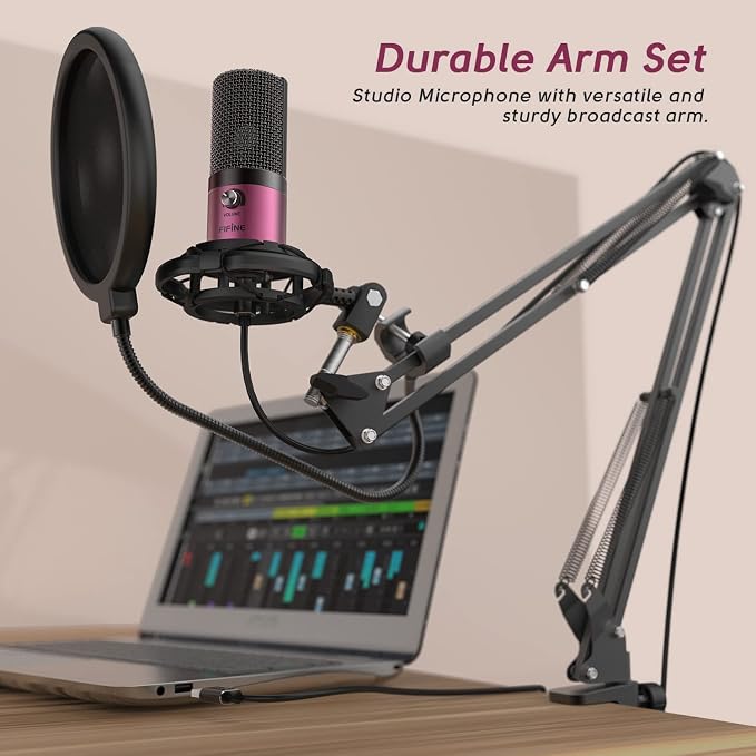 FIFINE T669 Rose Red Podcast Microphone Kit with Boom Arm for Recording | PC Computer Microphone for Streaming, Gaming, Voice-Over, Meeting, Shock Mount, Pop Filter - Image 9